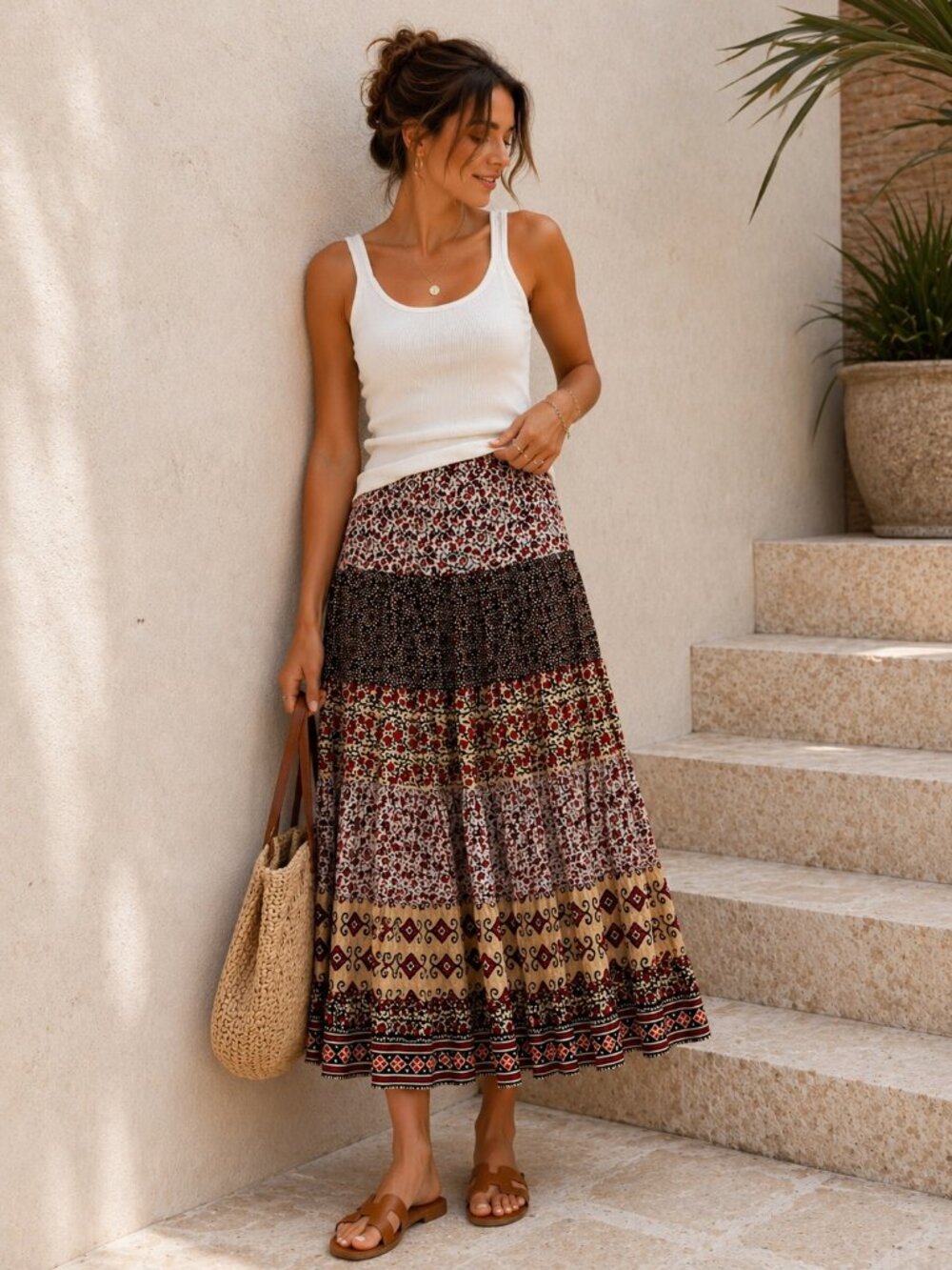 Rampage Boho Tiered Maxi Skirt in Red, Cream, and Black